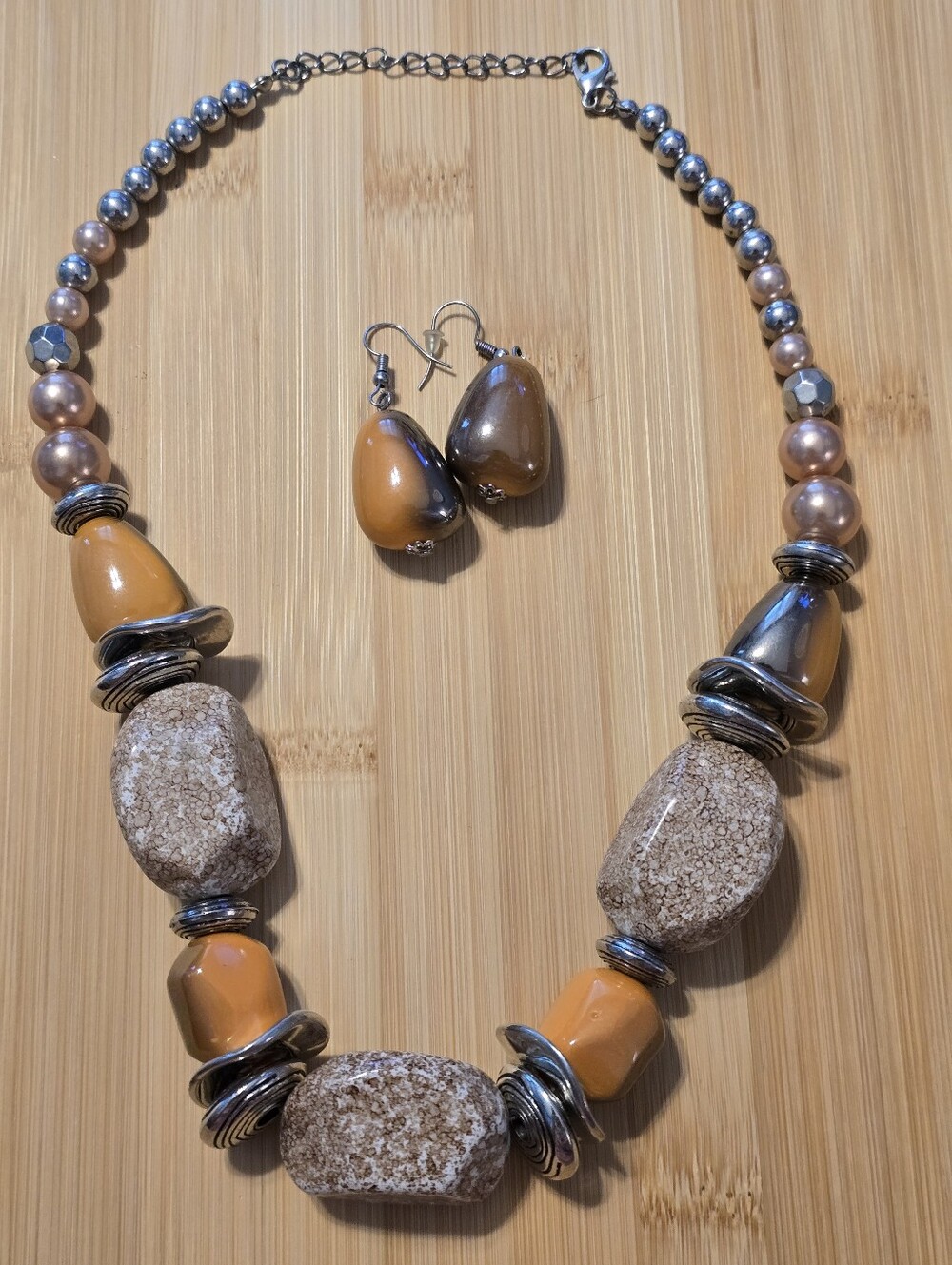 Vintage Boho Chunky Statement Necklace & Earring Set • Earthy Bronze Orange